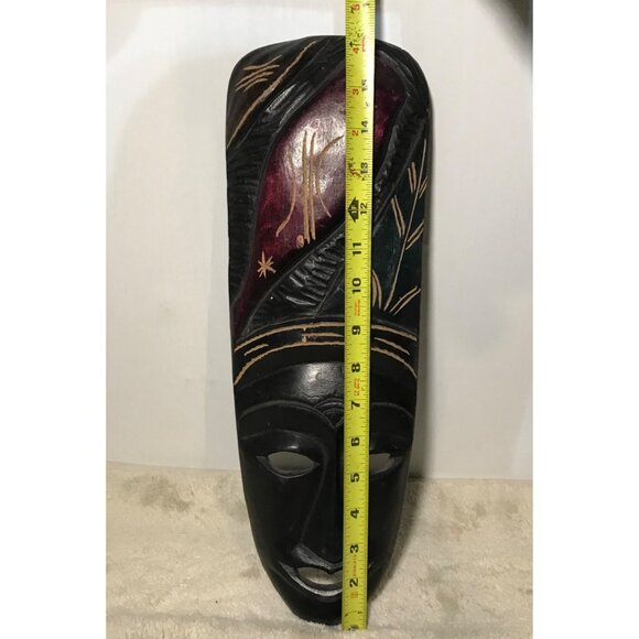 African Tribal Mask Wall Art Decor Hand Carved 16" Tall Wooden Sculpture - Picture 6 of 7